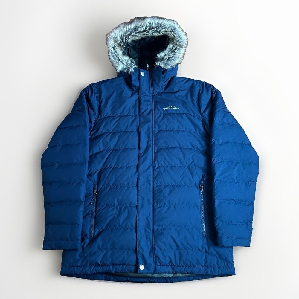Eddie Bauer 650 Down Parka Jacket Coat Mens Large Navy Puffer Faux Fur Warm